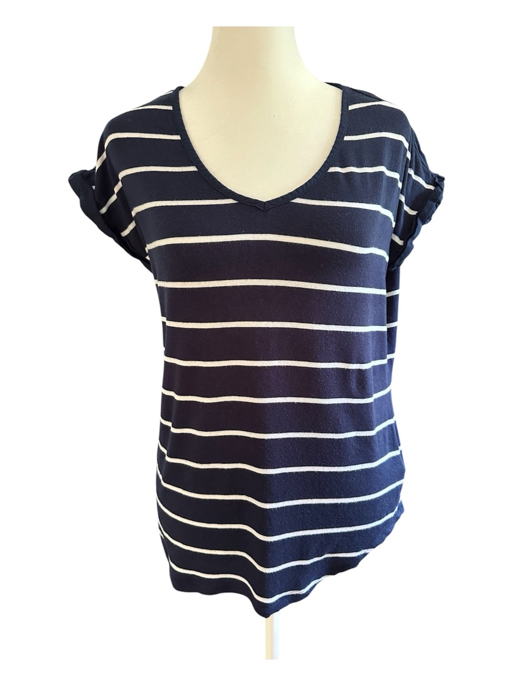 Pleione Navy with white striped V-Neck Short Sleeve Top